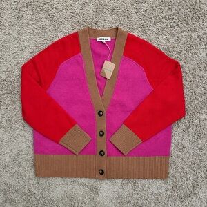 NWT Boden Pink Olivia Merino Wool Cardigan Sweater Women’s Size XL Color Block